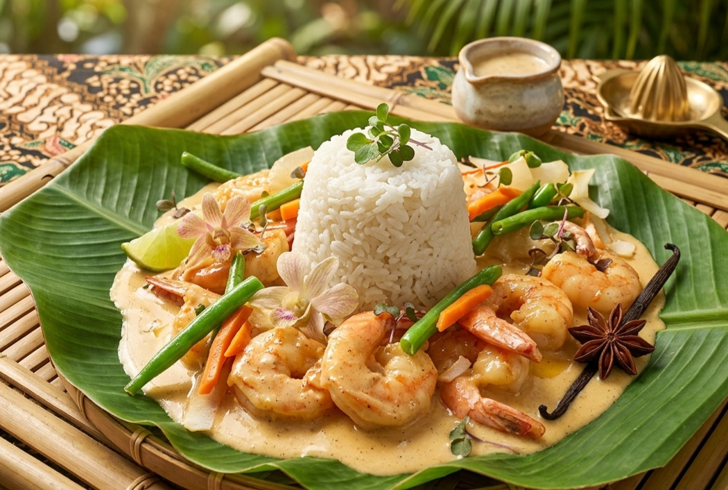 Crevettes à la sauce avec riz, plat cuisiné artisanal calédonien Crevettes à la sauce avec riz, plat cuisiné artisanal calédonien